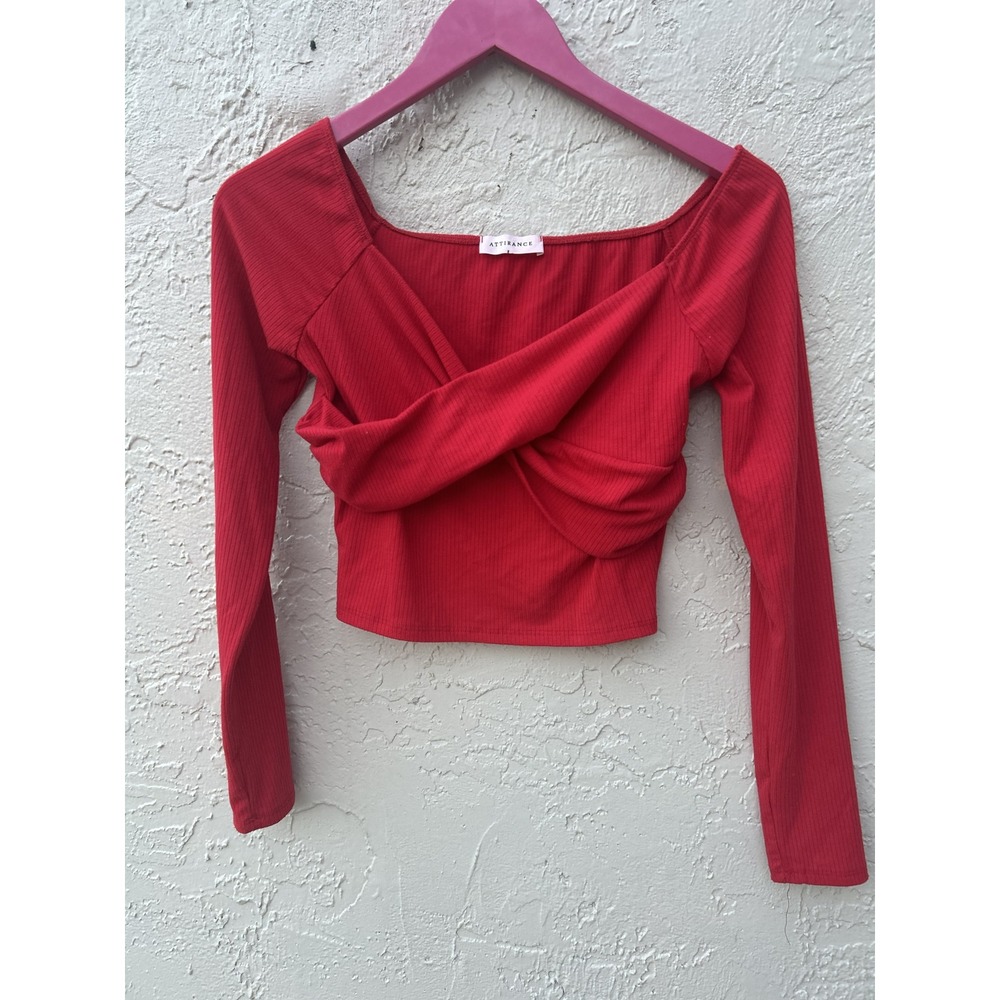 Attirance Womens Red Ribbed Long Sleeve Twist Front Surplice Crop Top Small